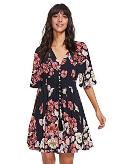 Women's Boho Button Up Split Floral Print Flowy Party Dress