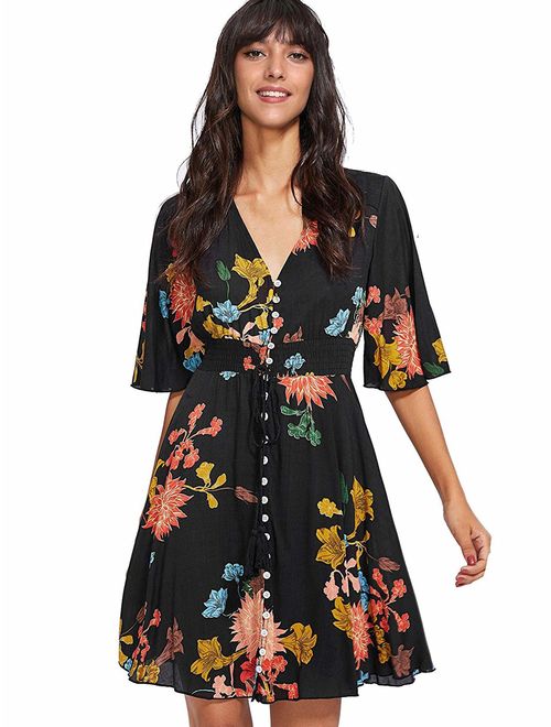 Milumia Women's Boho Button Up Split Floral Print Flowy Party Dress