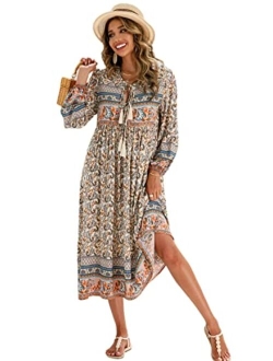 R.Vivimos Women's Long Sleeve Floral Print Retro V Neck Tassel Bohemian Midi Dresses