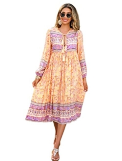 R.Vivimos Women's Long Sleeve Floral Print Retro V Neck Tassel Bohemian Midi Dresses