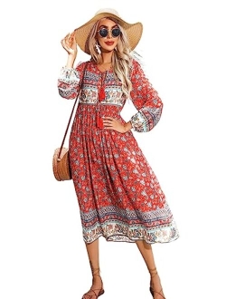 R.Vivimos Women's Long Sleeve Floral Print Retro V Neck Tassel Bohemian Midi Dresses