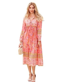 R.Vivimos Women's Long Sleeve Floral Print Retro V Neck Tassel Bohemian Midi Dresses