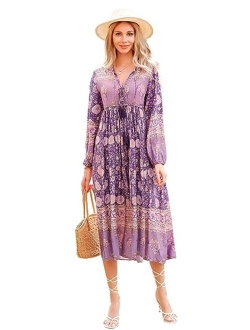 R.Vivimos Women's Long Sleeve Floral Print Retro V Neck Tassel Bohemian Midi Dresses