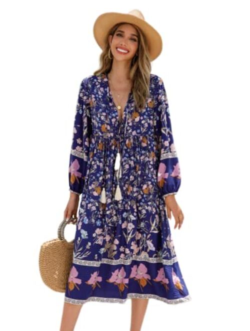 R.Vivimos Women's Long Sleeve Floral Print Retro V Neck Tassel Bohemian Midi Dresses