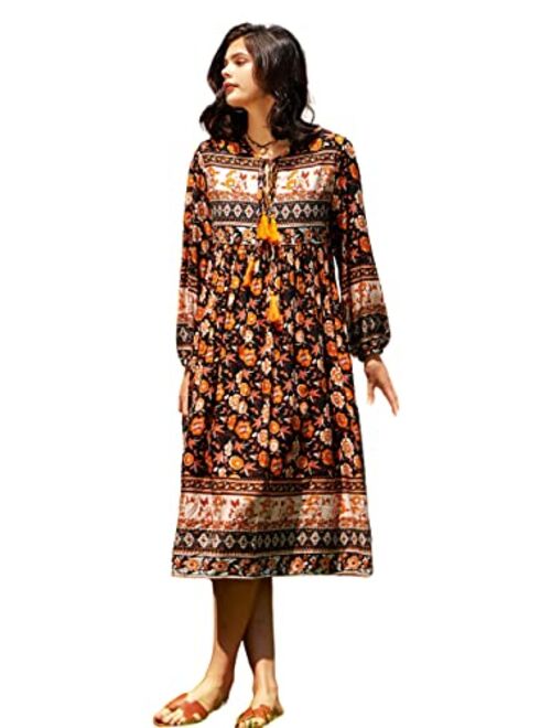 R.Vivimos Women's Long Sleeve Floral Print Retro V Neck Tassel Bohemian Midi Dresses