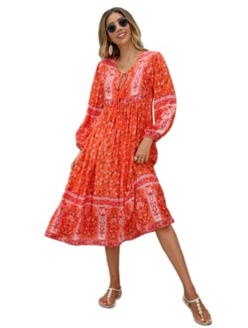 R.Vivimos Women's Long Sleeve Floral Print Retro V Neck Tassel Bohemian Midi Dresses