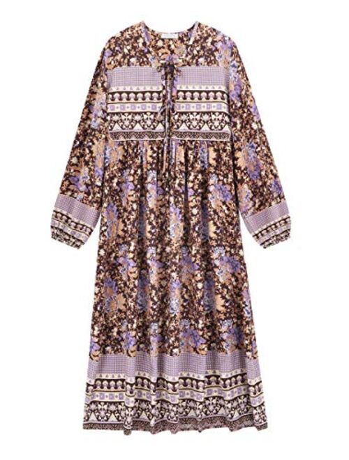 R.Vivimos Women's Long Sleeve Floral Print Retro V Neck Tassel Bohemian Midi Dresses