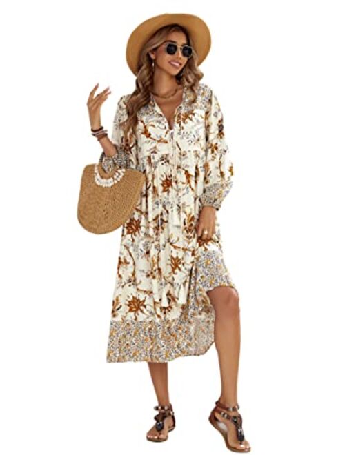 R.Vivimos Women's Long Sleeve Floral Print Retro V Neck Tassel Bohemian Midi Dresses