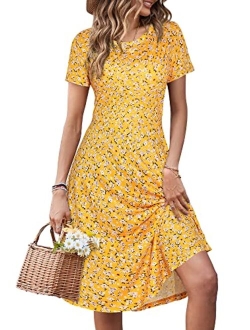 HUHOT Women Short Sleeve Round Neck Summer Casual Flared Midi Dress