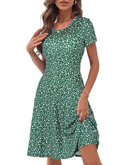 HUHOT Women Short Sleeve Round Neck Summer Casual Flared Midi Dress