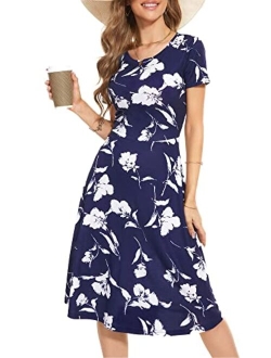 HUHOT Women Short Sleeve Round Neck Summer Casual Flared Midi Dress