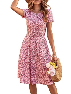 HUHOT Women Short Sleeve Round Neck Summer Casual Flared Midi Dress