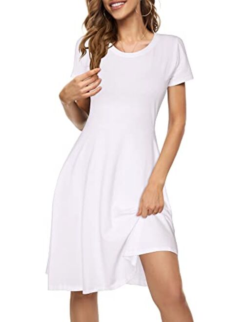 HUHOT Women Short Sleeve Round Neck Summer Casual Flared Midi Dress