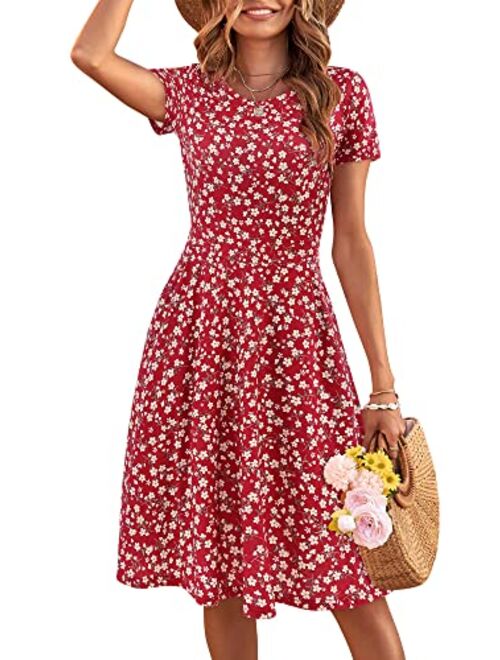 HUHOT Women Short Sleeve Round Neck Summer Casual Flared Midi Dress