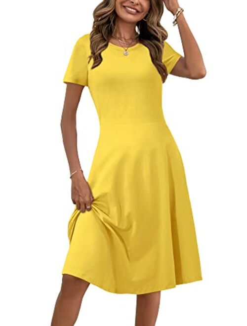 HUHOT Women Short Sleeve Round Neck Summer Casual Flared Midi Dress