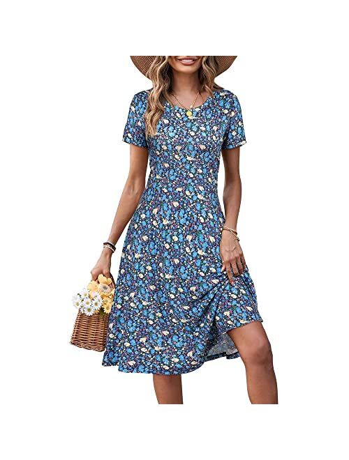 HUHOT Women Short Sleeve Round Neck Summer Casual Flared Midi Dress