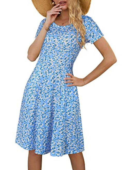 HUHOT Women Short Sleeve Round Neck Summer Casual Flared Midi Dress