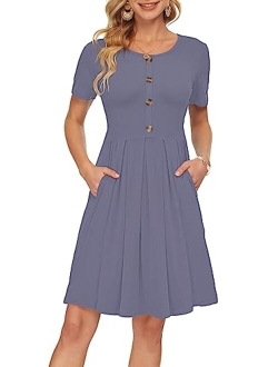 AUSELILY Women's Short Sleeve Pleated Loose Swing Casual Dress with Pockets Knee Length