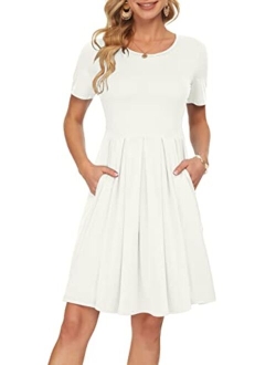 AUSELILY Women's Short Sleeve Pleated Loose Swing Casual Dress with Pockets Knee Length