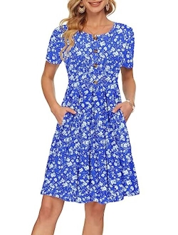 AUSELILY Women's Short Sleeve Pleated Loose Swing Casual Dress with Pockets Knee Length