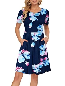 AUSELILY Women's Short Sleeve Pleated Loose Swing Casual Dress with Pockets Knee Length