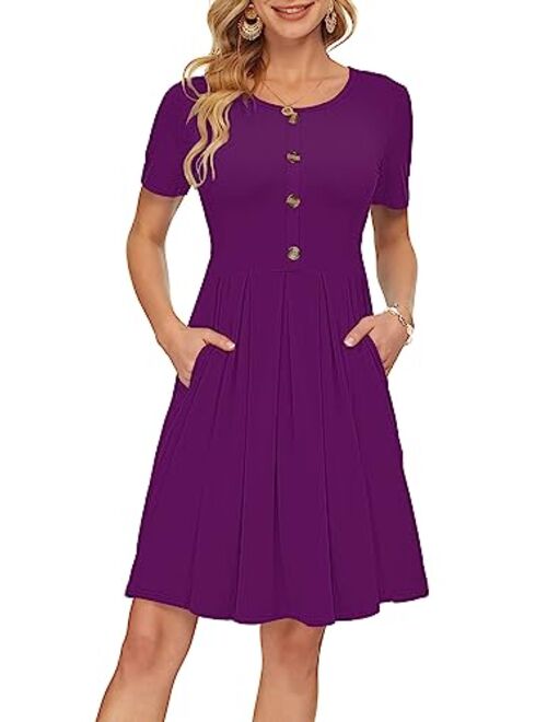 AUSELILY Women's Short Sleeve Pleated Loose Swing Casual Dress with Pockets Knee Length