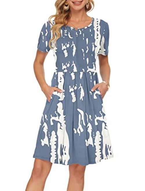 AUSELILY Women's Short Sleeve Pleated Loose Swing Casual Dress with Pockets Knee Length