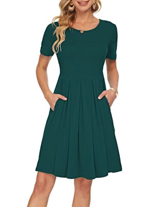 AUSELILY Women's Short Sleeve Pleated Loose Swing Casual Dress with Pockets Knee Length