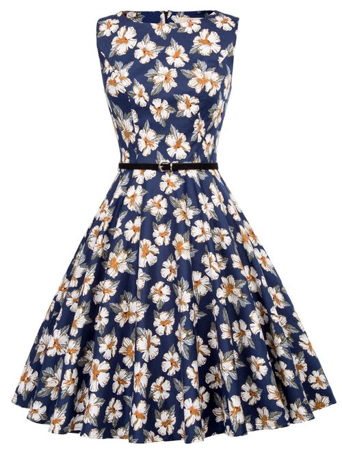 GRACE KARIN Boatneck Sleeveless Vintage Tea Dress with Belt