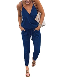 Women's Sexy Deep V Neck Spaghetti Strap Drawstring Waist Jumpsuit Romper with Pockets