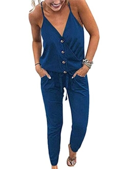 Women's Sexy Deep V Neck Spaghetti Strap Drawstring Waist Jumpsuit Romper with Pockets