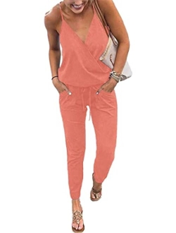 Women's Sexy Deep V Neck Spaghetti Strap Drawstring Waist Jumpsuit Romper with Pockets