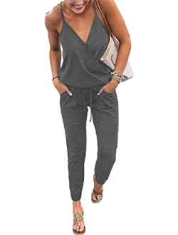 Women's Sexy Deep V Neck Spaghetti Strap Drawstring Waist Jumpsuit Romper with Pockets