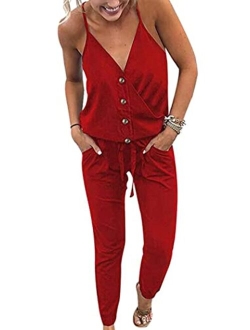 Women's Sexy Deep V Neck Spaghetti Strap Drawstring Waist Jumpsuit Romper with Pockets