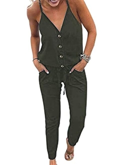 Women's Sexy Deep V Neck Spaghetti Strap Drawstring Waist Jumpsuit Romper with Pockets