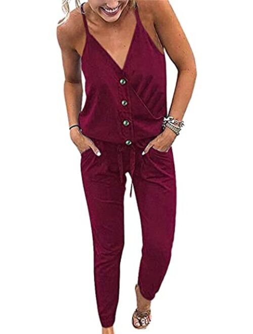 PRETTYGARDEN Women's Sexy Deep V Neck Spaghetti Strap Drawstring Waist Jumpsuit Romper with Pockets