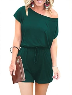 Women's Jumpsuit Crewneck One Off Shoulder Short Sleeve Elastic Waist Romper Playsuits with Pocket