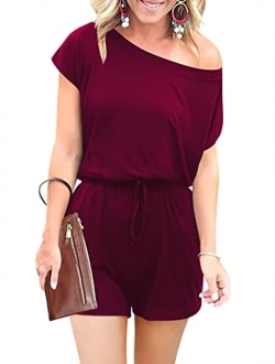 Women's Jumpsuit Crewneck One Off Shoulder Short Sleeve Elastic Waist Romper Playsuits with Pocket