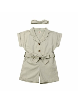 citgeett Toddler Kids Baby Girl Button Sleeveless Ruffle Playsuit Jumpsuit Solid Color Bow Romper Summer Clothes