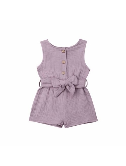 citgeett Toddler Kids Baby Girl Button Sleeveless Ruffle Playsuit Jumpsuit Solid Color Bow Romper Summer Clothes