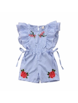 citgeett Toddler Kids Baby Girl Button Sleeveless Ruffle Playsuit Jumpsuit Solid Color Bow Romper Summer Clothes