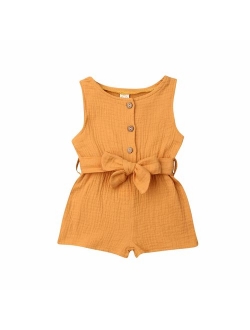 citgeett Toddler Kids Baby Girl Button Sleeveless Ruffle Playsuit Jumpsuit Solid Color Bow Romper Summer Clothes