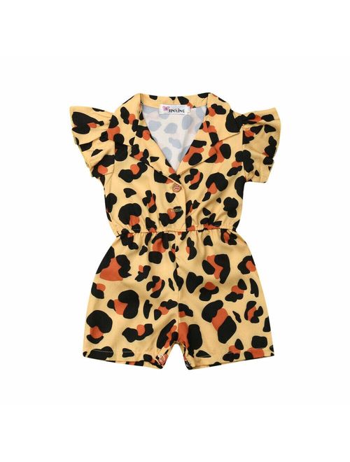 citgeett Toddler Kids Baby Girl Button Sleeveless Ruffle Playsuit Jumpsuit Solid Color Bow Romper Summer Clothes