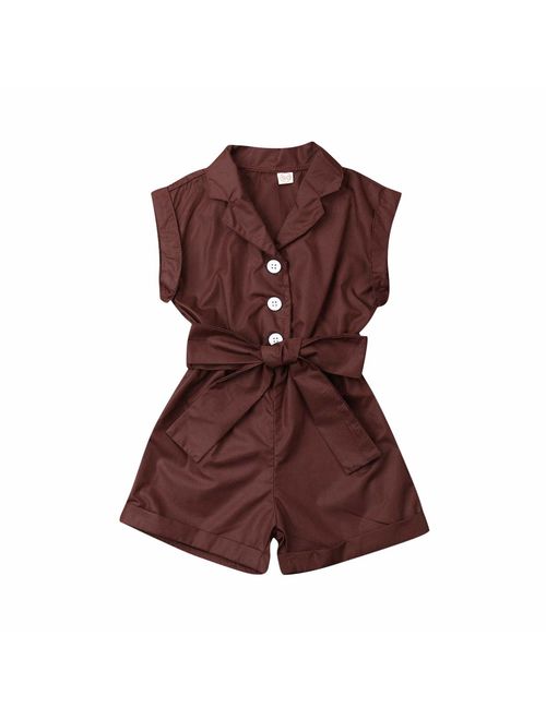 citgeett Toddler Kids Baby Girl Button Sleeveless Ruffle Playsuit Jumpsuit Solid Color Bow Romper Summer Clothes