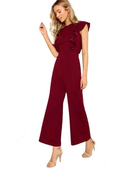 Women's Sexy Casual Sleeveless Ruffle Trim Wide Leg High Waist Long Jumpsuit