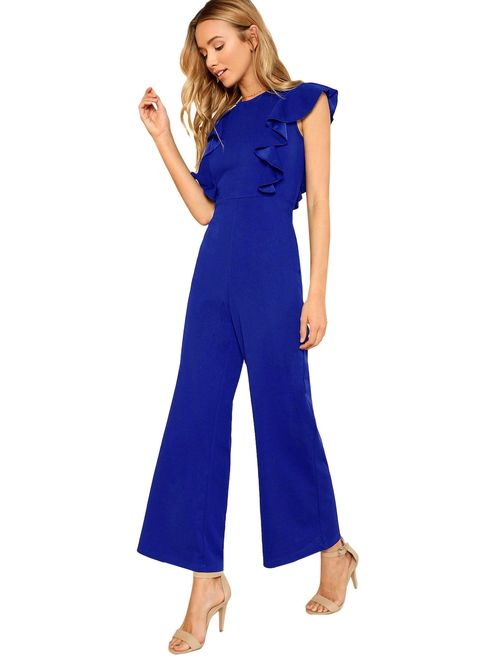 Romwe Women's Sexy Casual Sleeveless Ruffle Trim Wide Leg High Waist Long Jumpsuit