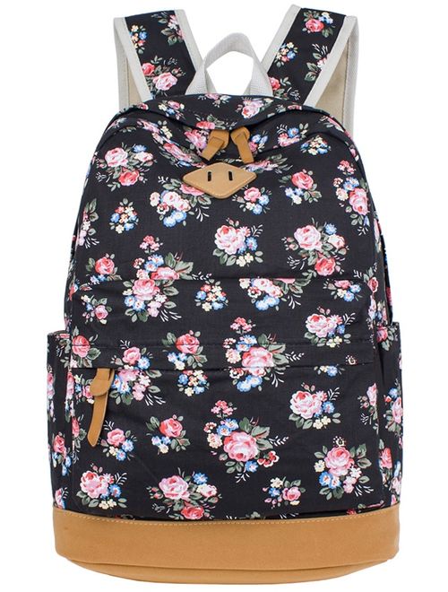 School Backpack, Flower Printed Canvas Casual Backpack Laptop Backpack Travel Backpack for Women Girls