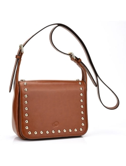 Women's Studded Leather Saddle Bag|Crossbody Purse with Adjustable Strap