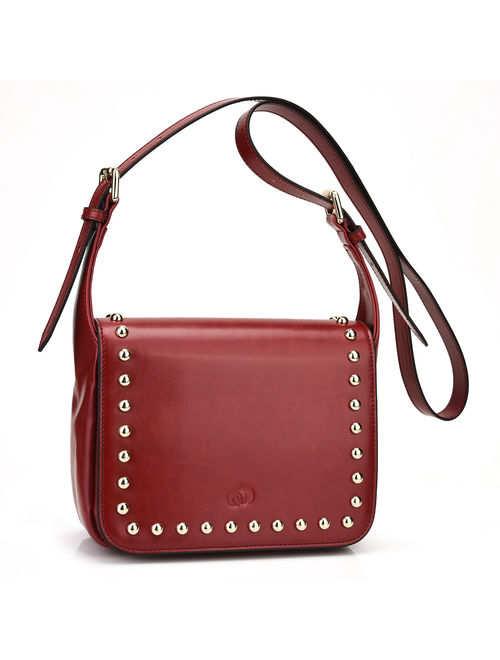 Women's Studded Leather Saddle Bag|Crossbody Purse with Adjustable Strap