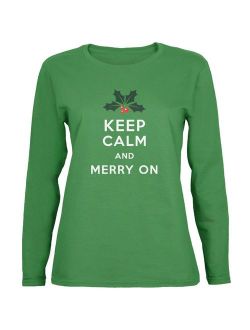 Christmas Keep Calm & Merry On Green Womens Long Sleeve T-Shirt